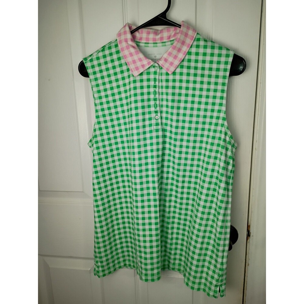 LANDS’ END DRAPER JAMES L Green & Pink Gingham Sleeveless Polo Shirt Casual